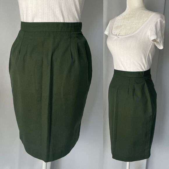Vintage Pencil Skirt Size XS XXS Green Solid Knee Length Handmade Secretary - Picture 1 of 12